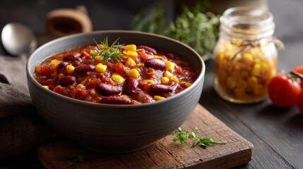 mexican food, chili with beans, tomato sauce, corn served in a bowl on a wooden table