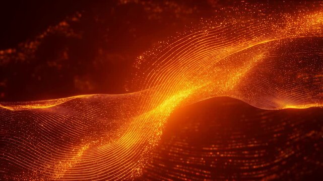 Abstract glowing orange wave animation with sparkling particles. Represents energy, movement, and digital innovation in visual design
