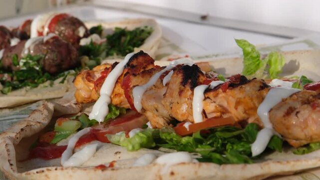 Mouthwatering close-up of grilled chicken and meatball kebab wraps served in flatbread with fresh salad and creamy sauce. Perfect for street food, takeaway, or fast casual dining visuals.