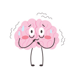 Naklejka premium Brain character trembles with fear and sweats. Panic attack and stress concept. Funny emotional mascot. Vector illustration isolated
