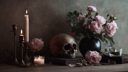 Skull surrounded by roses and candles on table