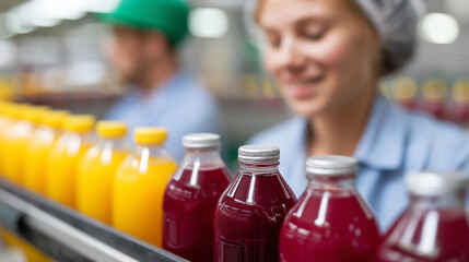 Faceless product quality control staff at fruit juice production line perform product quality checks to ensure products produced are of good quality, beverage manufacturing QC, def