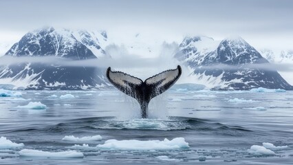 Fototapeta premium The tail fins of a humpback whale emerging from the icy ocean waters against a backdrop of snow-capped mountains. AI generated. 
