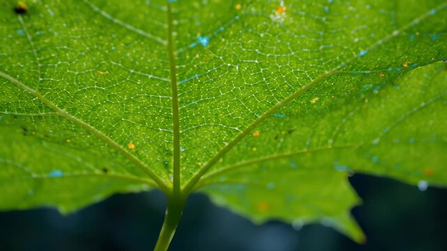 Green leaf shows colorful microplastic particles contaminating surface. Maple leaf displays plastic pollution on veins. Green leaf with microplastic contamination. Plastic particles pollute leaf