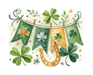 Watercolor St. Patrick’s Day Banner, Irish Holiday Festive Vector Design on White Background