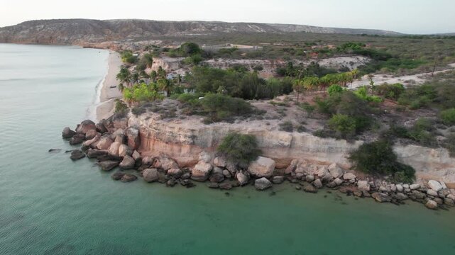 Playa La Paria Araya Sucre Venezuela aerial flyover of coastline