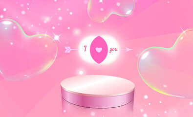 Luxury pink podium on a pastel pink background with floating transparent glossy hearts resembling soap bubbles and glowing I love you text above. Romantic light effects and dreamy atmosphere. Ideal fo