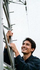 Smiling man climbs tall metal tower structure against overcast sky