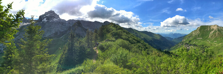 Panoramic landscape view of green alpine mountains and clear blue sky