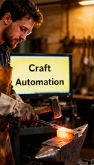 Skilled artisan forges glowing metal with hammer, computer screen shows "Craft Automation.