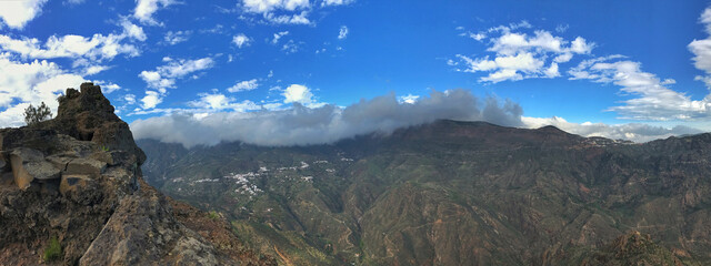 Stunning mountain landscape panorama with cloudy sky and rugged terrain