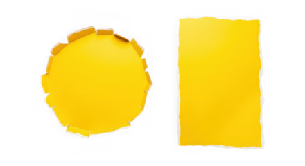 Yellow torn paper shapes on transparent background including circle and rectangle