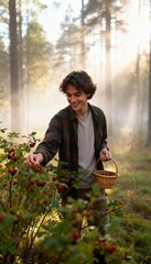 Young man happily picking berries in a misty, sunlit forest