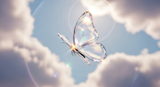 A transparent, multifaceted crystal butterfly elegantly flying through a bright, cloudy sky
