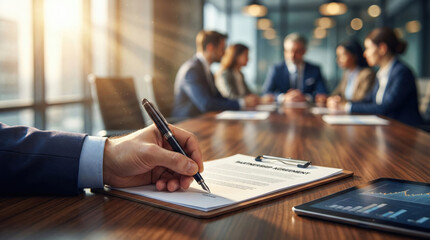 Close up of business executive hand signing partnership agreement contract with fountain pen on conference table during corporate meeting with team in background.