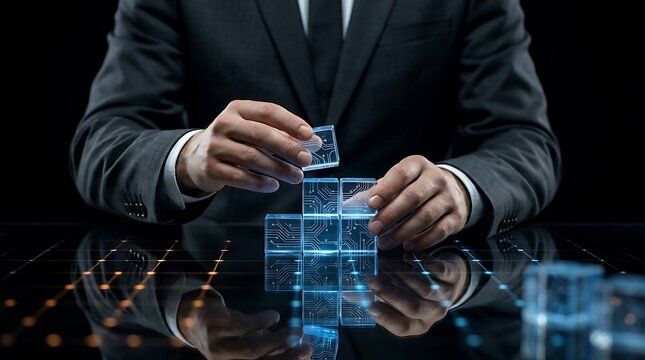 Businessman Assembling Futuristic Digital Cube Structure with Glowing Blue Elements. - Powered by Adobe