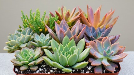 Obraz premium A vibrant miniature garden of assorted colorful succulents and cacti arranged with detailed textures and natural patterns showcasing diverse botanical beauty