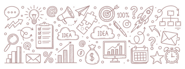 Huge Set of Hand Drawn Business and Idea Doodle Icons - Creative Strategy Elements on Transparent Background