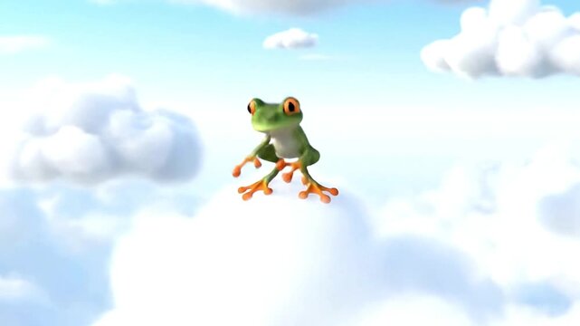 A green frog jumps high in the air surrounded by fluffy white clouds on a blue sky