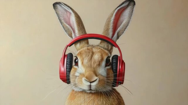 Cool rabbit wearing red headphones enjoying music and nodding its head to the beat on a neutral background
