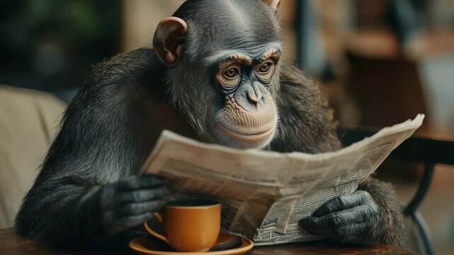 Funny chimpanzee sitting at a table, reading the morning news and drinking a cup of coffee