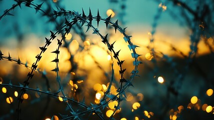 Intricate web of razor wire with sharp points glinting against a blurred golden sunset
