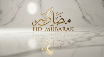 Eid Mubarak greeting card with Arabic calligraphy and marble background.