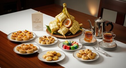 Assortment of traditional pastries and tea on a wooden table.