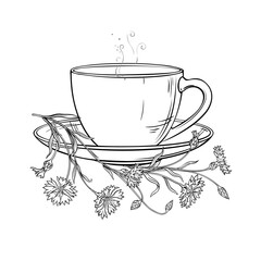 Cup of Corn Flower Tea aroma beverage Outline Illustration. Vector isolated for Design and Decoration for Cafeteria, Posters, Banners, Cards.