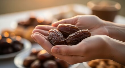Hands holding dates with blurred background of dates and other food.