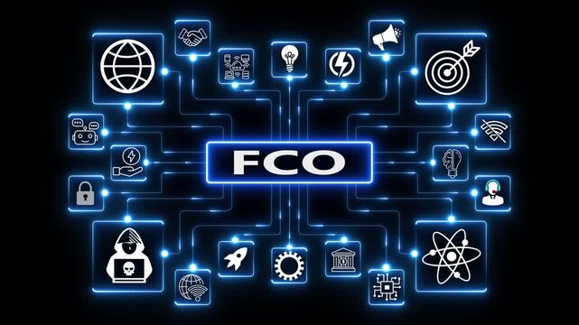FCO Module Concept Digital Network Dashboard with Futuristic Neon Blue Tech Icons and Enterprise HUD Interface