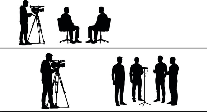 Video interview silhouette set with camera operator, television studio recording, media production teamwork illustration black white