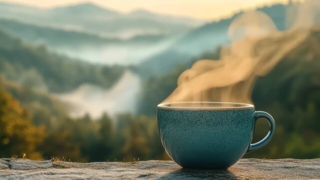Warm cup of coffee steaming on a stone ledge with a beautiful foggy mountain forest in the background