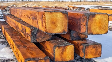 Rough hewn timber beams with char marks showing natural wood grain stacked outdoors