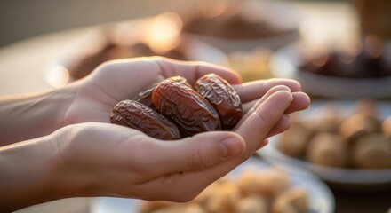 Hands holding dates in a warm and inviting setting.