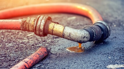 Severed hydraulic hose leaking viscous fluid onto grimy ground