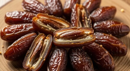 Fresh dates arranged on a wooden plate.