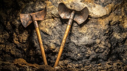 Two antique mining shovels and picks with metallic heads and worn wooden handles leaning against a rough stone wall