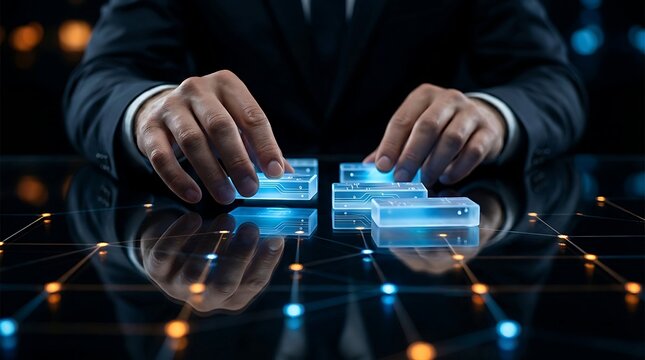 Businessman Interacting with Futuristic Digital Interface and Glowing Blocks. - Powered by Adobe