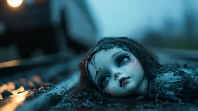 Forgotten porcelain doll lying on a railroad track with a fast-approaching train in the background