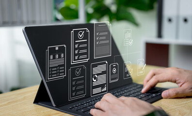 Businessman checking digital documents on tablet for online document management, validation process, file processing, and organization of electronic document files.