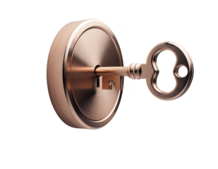 Rose gold key in round lock with polished finish, security concept isolated on transparent background
