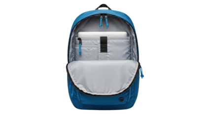Open blue backpack with laptop inside ready for travel or school.