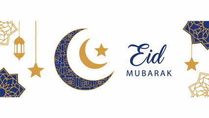 Eid Mubarak greeting banner with Islamic patterns, crescent moon, and stars. Elegant blue and gold design for Ramadan and Eid al-Fitr celebration. Vector illustration. © Hafiz