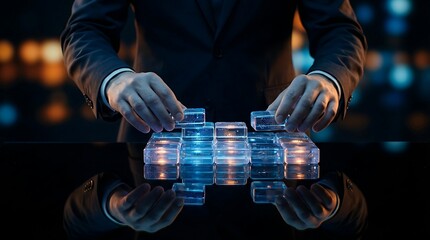 Futuristic Business Technology Interface with Glowing Blue Data Blocks.