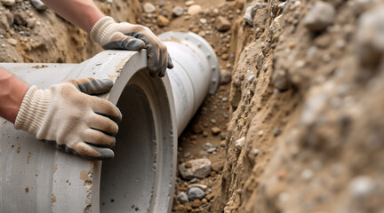 Close-up of construction worker hands installing concrete pipe in trench. Industrial drainage system installation
