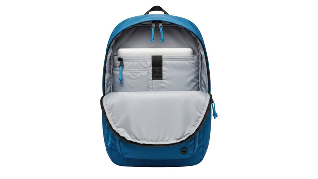 Open blue backpack with laptop inside ready for travel or school.