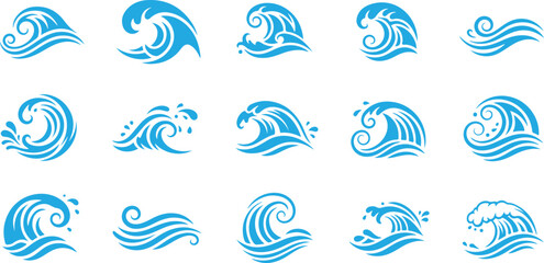 Fototapeta premium Water splash silhouettes set vector illustration. Blue stamps of ocean or sea wave with splatters and water spray, falling droplets of fountain and circle ripples, ink or paint