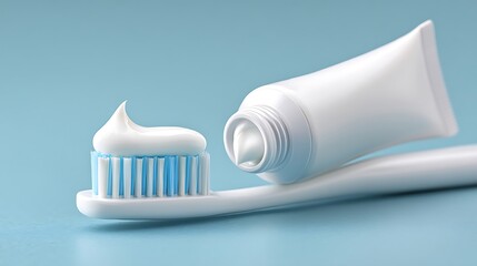A tube of toothpaste and a toothbrush with toothpaste on the bristles on blue background