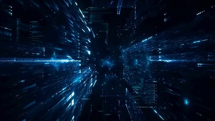 Futuristic digital tunnel with glowing blue lights and data streams. Represents advanced technology and virtual reality experiences - Powered by Adobe